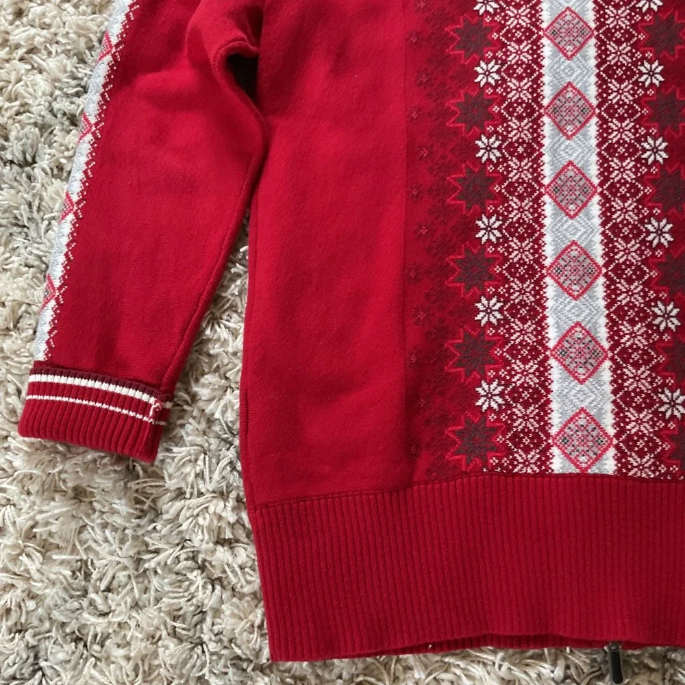 Eddie Bauer Womens Red Fair Isle Full Zip Nordic Snowflake Sweater Mock‎ Neck L